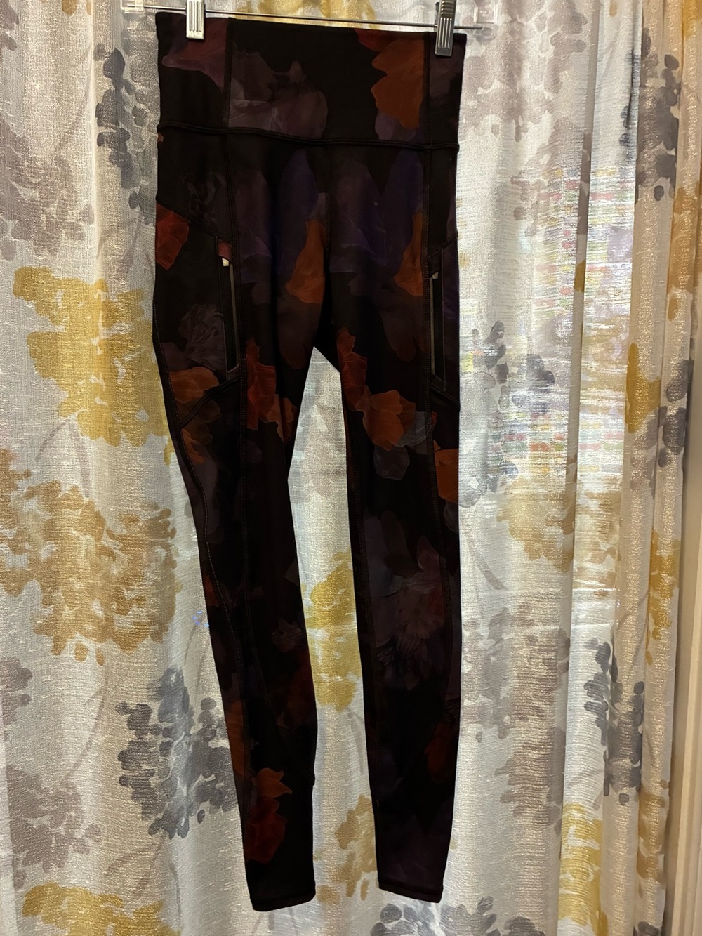 Athleta High-Waist Floral Print Leggings - Black with Red & Purple Accents